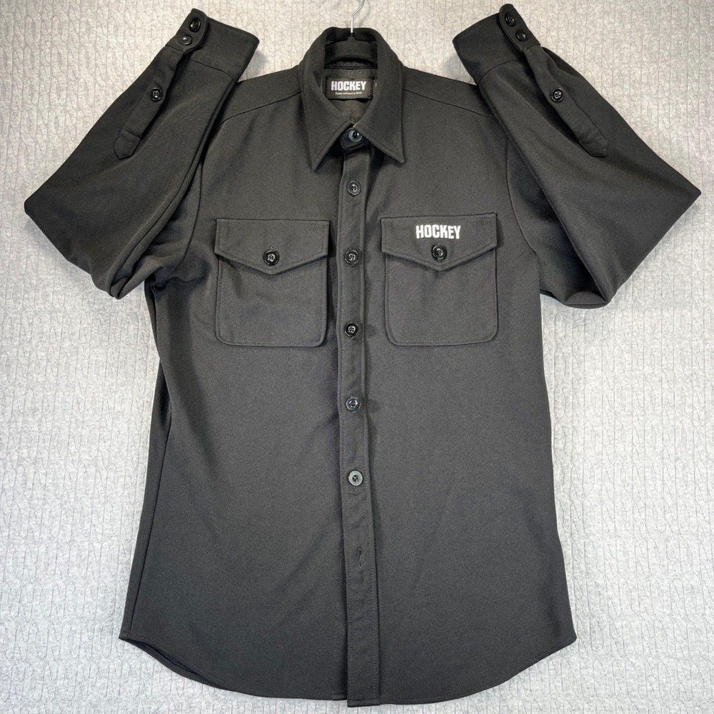 Hockey Button Down Shirt Mens Large Black Long Sleeve Workwear Skateboard